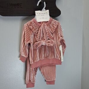 Tahari Baby Pink Velour Ruffle Jogger Pant Set with Bow 3-6 Months New
